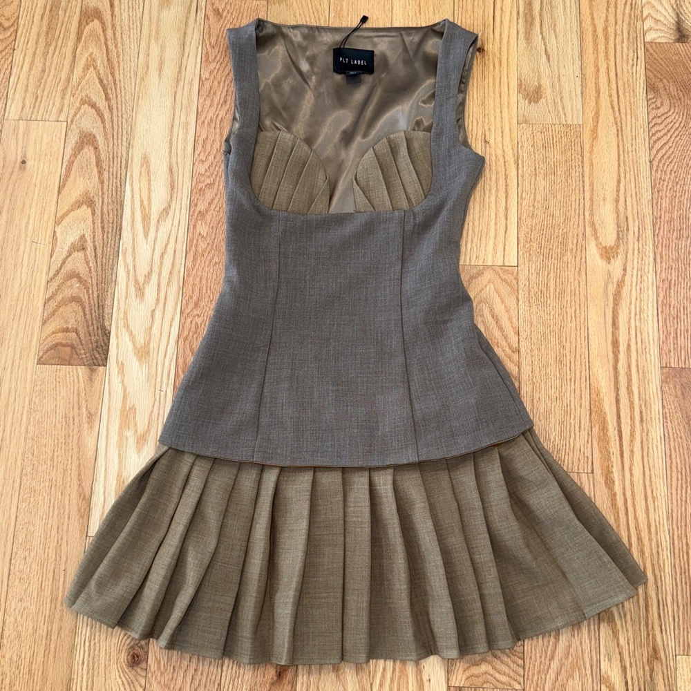 PLT LABEL MOCHA CONTRAST TAILORED PLEATED BUST BODYCON DRESS Size 0